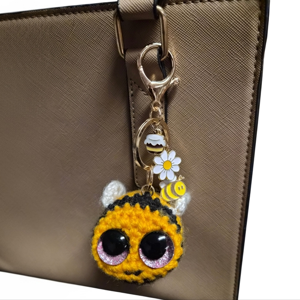 Bee Bag Charm Keychain Handmade Crochet Bumblebee Purse Charm -Pink Glitter Eyes